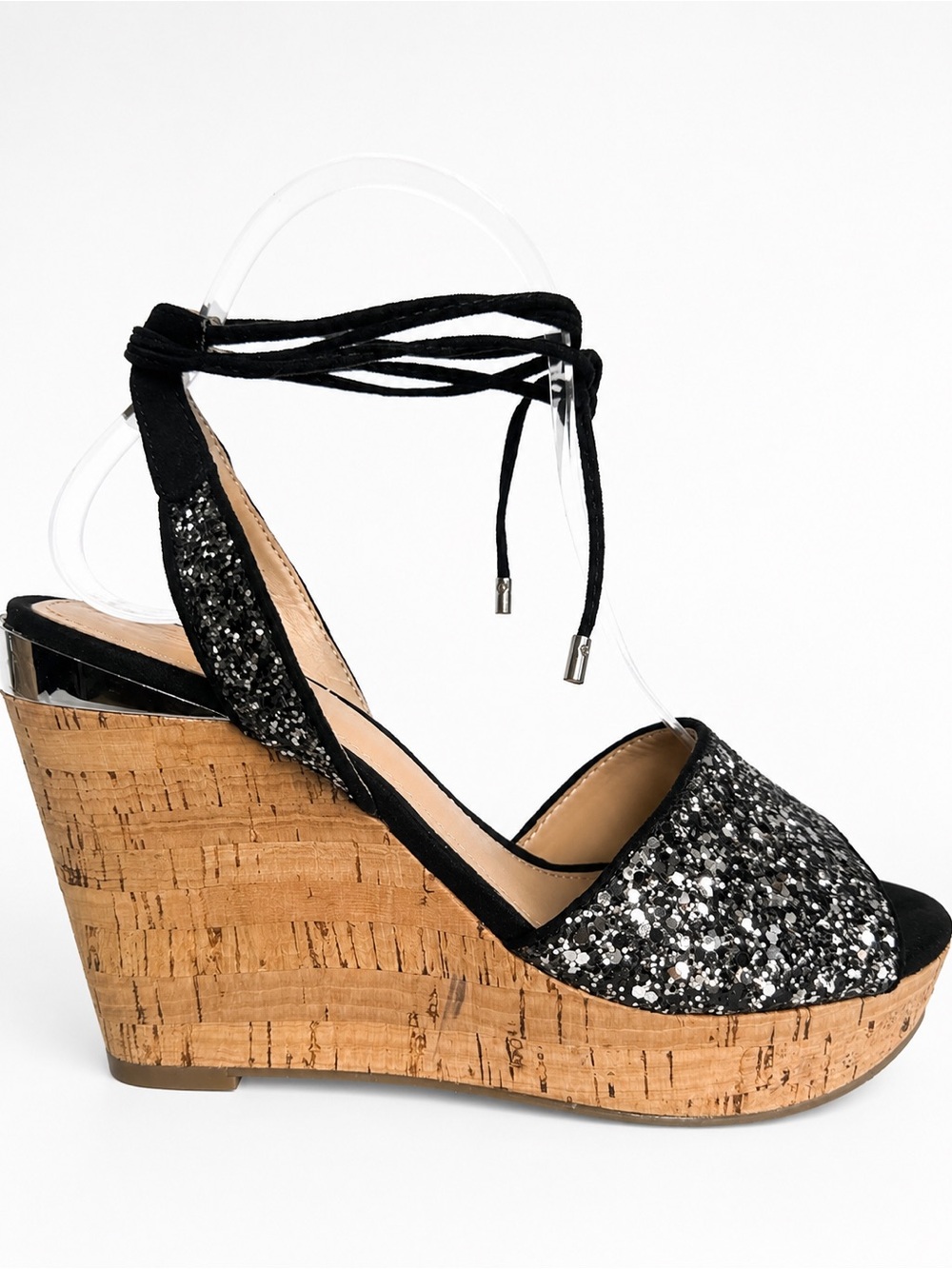 Guess Black Glitter Cork Wedge Sandals with Ankle Tie